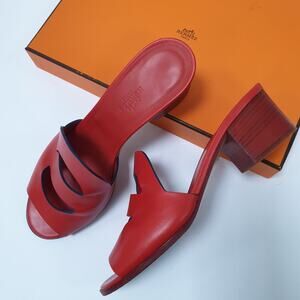 Hermes Red Leather Mona Block Heel Slide Sandals Sz.38
